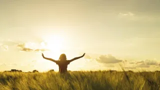 silhouette of woman standing in field with arms outstretched